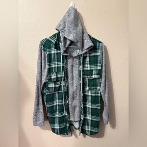 No Boundaries Women’s Green/Gray Zip Down & Button Hooded Blouse Top XXXL (21)